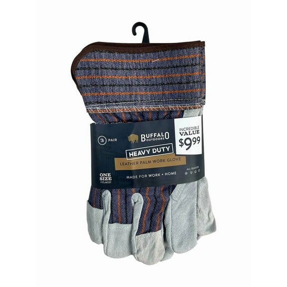 Buffalo Outdoors Heavy Duty Leather Palm Work Gloves, 3-Pack