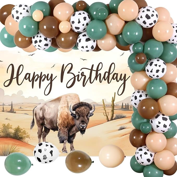 Buffalo Party Decorations, Bison Themed Party Decor with Bison Happy Birthday Backdrop Cow Brown Green Balloon Garland Arch Kit for Highland Cow Baby Shower Party Decor Supplies