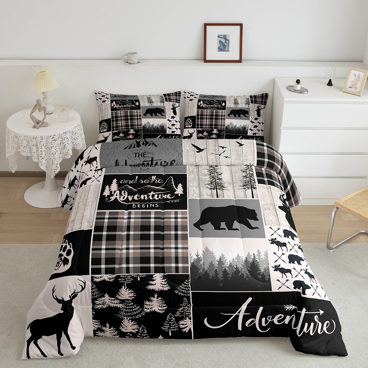 Buffalo Patchwork Full Size Bedding Set, Hunting Bear Deer Comforter