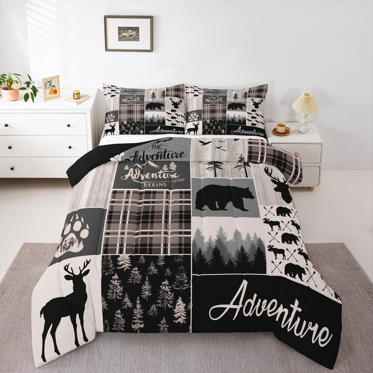 Buffalo Patchwork Queen Size Bedding Set, Hunting Bear Deer Comforter Set Teens Adult Bedroom, Rustic Farmhouse Grid Claw Bedding Comforter Sets Adventure Camping Quilt With 2 Pillow Cases