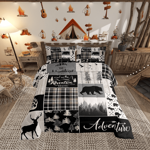 Buffalo Patchwork Queen Size Bedding Set, Hunting Bear Deer Comforter Set Teens Adult Bedroom, Rustic Farmhouse Grid Claw Bedding Comforter Sets Adventure Camping Quilt With 2 Pillow Cases