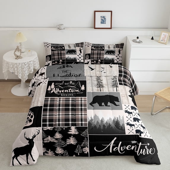Buffalo Patchwork Twin Size Bedding Set, Hunting Bear Deer Comforter Set Teens Adult Bedroom, Rustic Farmhouse Grid Claw Bedding Comforter Sets Adventure Camping Quilt With 1 Pillow Case