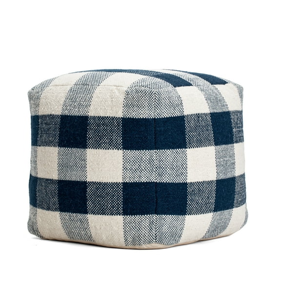 Buffalo Plaid 20" Square Pouf Ottoman Midnight Blue and Ivory