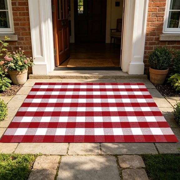 Buffalo Plaid Area Rug, Checkered Rug 71x47in, Red and White Rug, Washable Cotton Mat for Front Porch, Entryway, Kitchen, Living Room, Christmas Decor