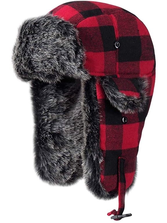 Buffalo Plaid Aviator Fur Trapper Hat Russian Bomber Hat with Ear Flaps for Women Men, Red