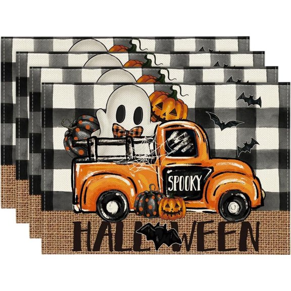 Buffalo Plaid Bat Ghost Truck Spooky Halloween Placemats Set of 4, 12x18 Inch Seasonal Table Mats for Party Kitchen Dining Decoration