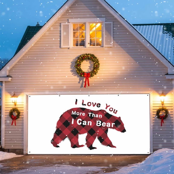 Buffalo Plaid Bear Christmas Garage Door Decorations, 6.9x8ft Garage Door Cover Banner with Grommets, Outdoor Garage Door Backdrop Mural for Holiday Party Wall Decor, Red
