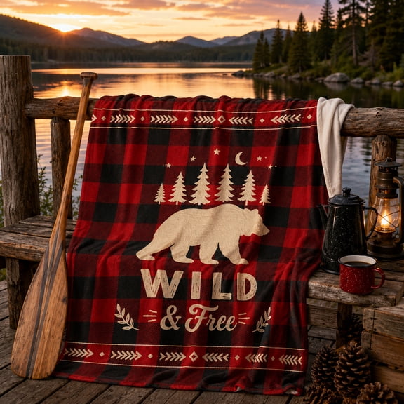 Buffalo Plaid Bear Flannel Throw Blanket with Pine Trees, Moon and Rustic Arrow Border, Red Black Woodland Print for Couch Bed Cabin Lodge Accent, 30 x 40 in