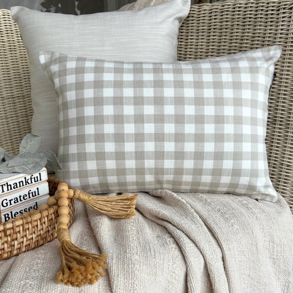 Buffalo Plaid Beige Decorative Lumbar Pillow Cover 12" x 20" | Contemporary Cotton Oblong Cushion Cover Checkered | Nursrey, Country & Farmhouse Pillowcases for Bed, Couch & Sofa - Grid Loom Beige
