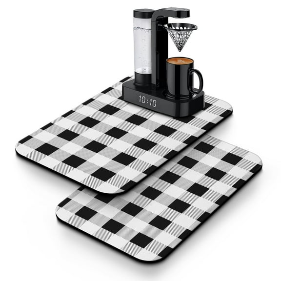Buffalo Plaid Black Dish Drying Mat Heat Resistant Drying Mat for Kitchen Counter Collapsable Kitchen Drying Mat for Shop Counter (19.5x12in,Set Of 2)