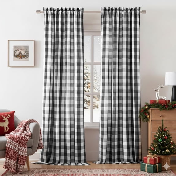 Buffalo Plaid Black White Curtain Panels 84 Inch Length,Farmhouse Semi Sheer Drapes,Rustic Rod Pocket Window Treatment for Bedroom Living Room(2 Panels,40"x84",Black)