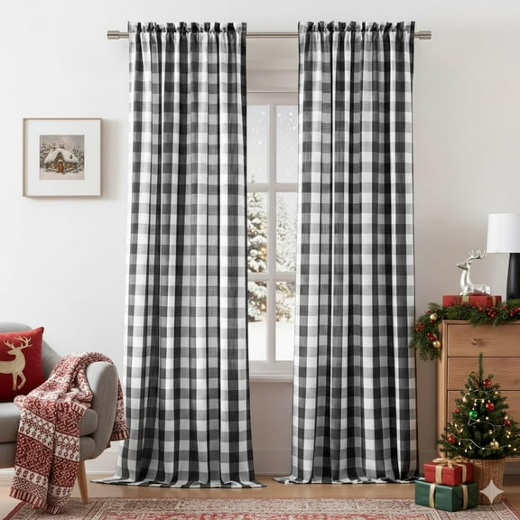 Buffalo Plaid Black White Curtain Panels 84 Inch Length,Farmhouse Semi Sheer Drapes,Rustic Rod Pocket Window Treatment for Bedroom Living Room(2 Panels,40"x84",Black)