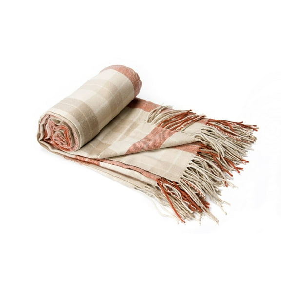 Buffalo Plaid Blanket Throw With Fringe, Check Pattern, 50x60" Orange Color
