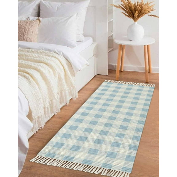 Buffalo Plaid Blue,Hallway Runner Rug 2x6ft,Country French Simple White Lattice Washable Woven Living Room Bedroom Kitchen Bathrom Carpet with Tassels,Indoor Outdoor Throw Door Mat for Entryway