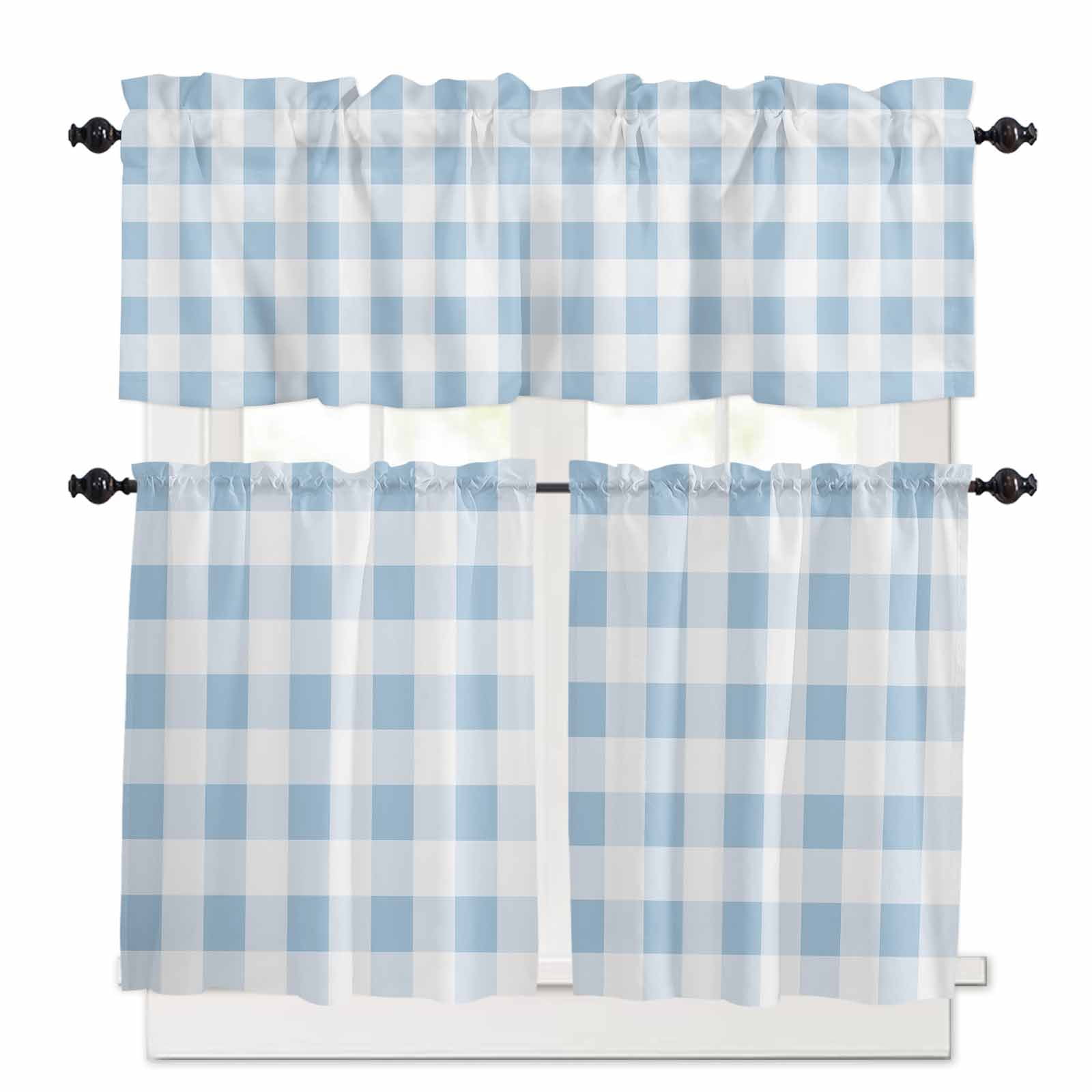 Buffalo Plaid Blue Kitchen Curtain Set, Country French Simple White ...