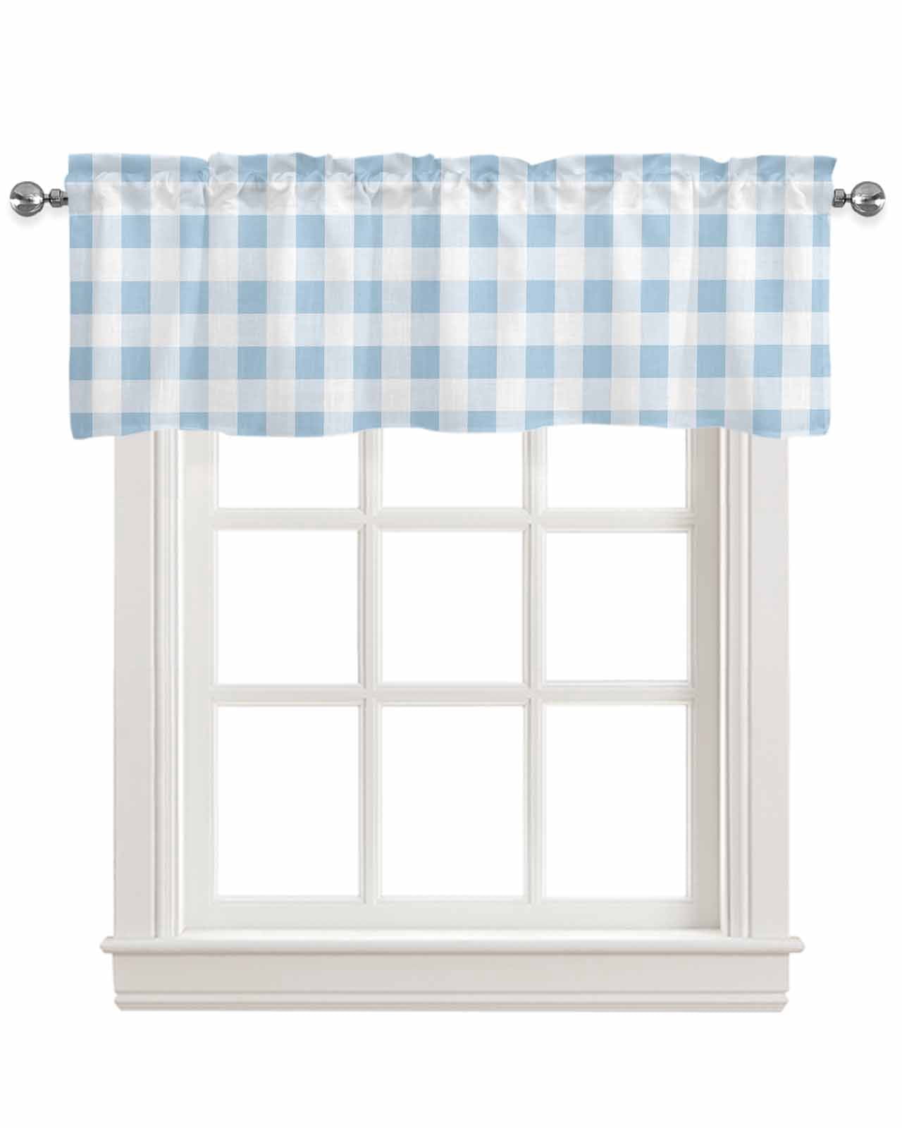 Buffalo Plaid Blue Linen Curtain Valance for Bedroom/Bathroom/Kitchen/Office/Living/Dining Room Windows,Country French Simple White Lattice Pocket Topper Drapes Decorative Cafe Drapery Panel 54x18