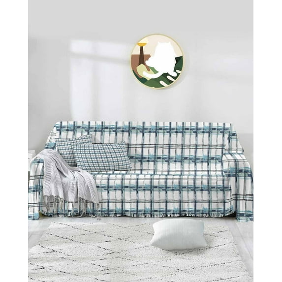 Buffalo Plaid Blue Sofa Covers for 3 Cushion,Washable Couch Cover for Sectional Sofa Slipcoverwith Tassel,Shabby Chic Grid Gingham Lattice Loveseat Covers Futon Cover Throw Blanket 71''x118''