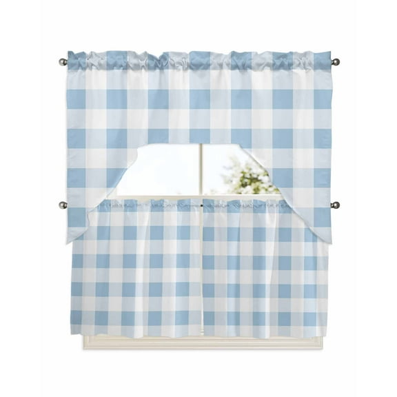 Buffalo Plaid Blue, Swag Valance and Tier Curtains 24'' Length Set, Country French Simple White Lattice Light Filtering Kitchen Curtains, Tier Curtain Valances for Bathroom/Living Room/Bedroom/Café