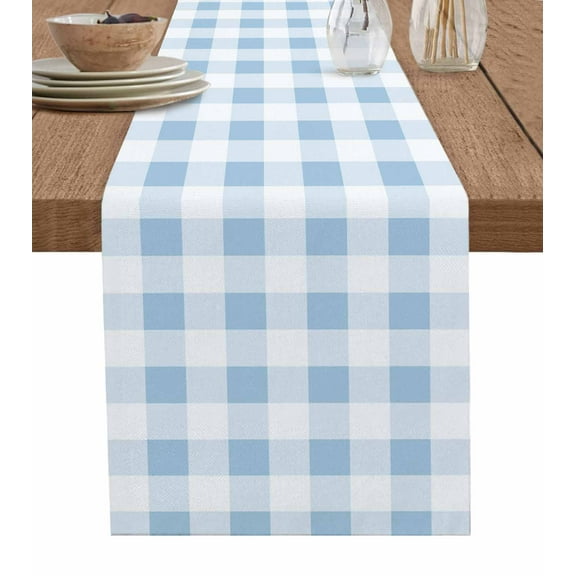 Buffalo Plaid Blue, Table Runner Country French Simple White Lattice Tablerunners 13 x 60 Inch, Table Decorations Tabletop Scarf for Summer Gathering Holiday Farmhouse Kitchen Dining Decor