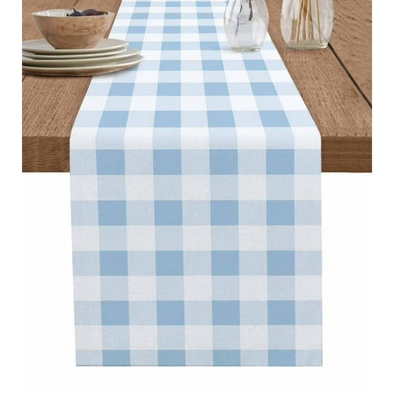 Buffalo Plaid Blue, Table Runner Country French Simple White Lattice Tablerunners 13 x 90 Inch, Table Decorations Tabletop Scarf for Summer Gathering Holiday Farmhouse Kitchen Dining Decor