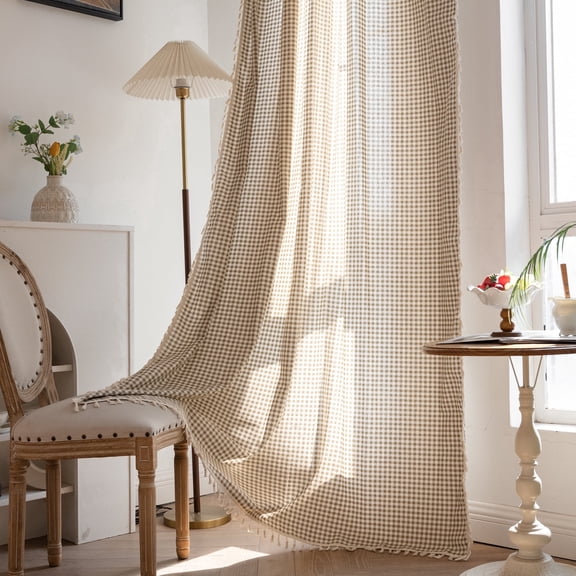 Buffalo Plaid Boho Tassel Curtain Panels 63 Inch,Taupe Linen Cotton Not-See-Through Sheer Drapes for Bedroom Living Room,Cottagec Farmhouse Window Treatment,Rod Pocket,52" Wx63" L(Pack of 1)