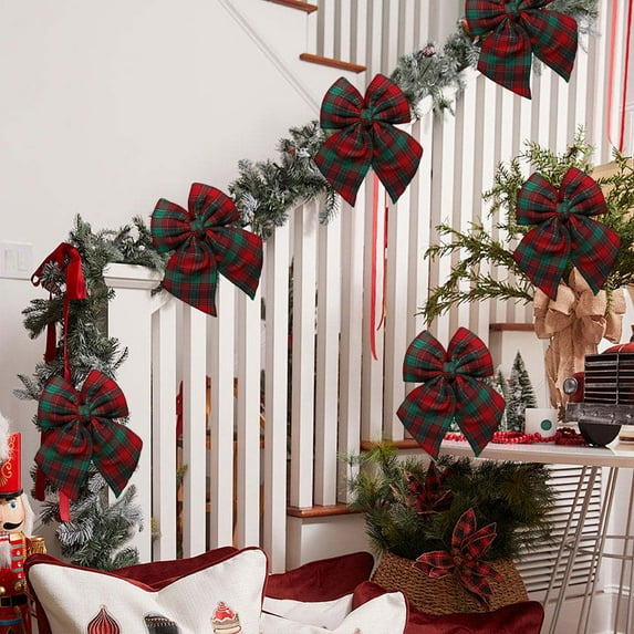 Buffalo Plaid Bow Christmas Tree Topper Red and Green Bow Christmas Decor Bowknot Hanging for Xmas Tree Holiday Front Door Wreath Indoor Outdoor