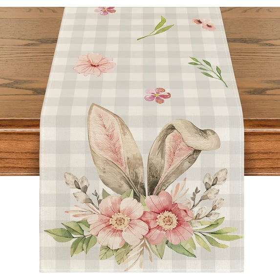 Buffalo Plaid Bunny Rabbit Ears Flower Easter Table Runner, Spring Summer Seasonal Holiday Kitchen Dining Table Decoration for Indoor Outdoor Home Party Decor 13 x 90Inch