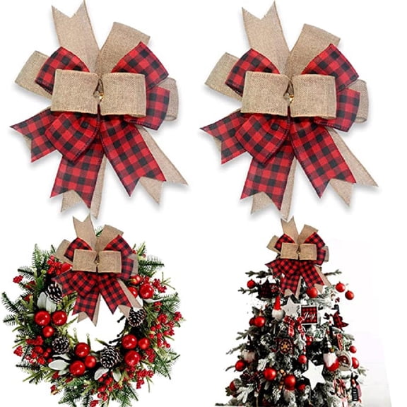 Buffalo Plaid Burlap Bows for Wreath 2 Pack,11.8”x9.4”Large Rustic Christmas Tree Topper Bow Decoration for Wedding Holiday Birthday Party Wall Home Front Door Decorative Ornaments(Black&Red)
