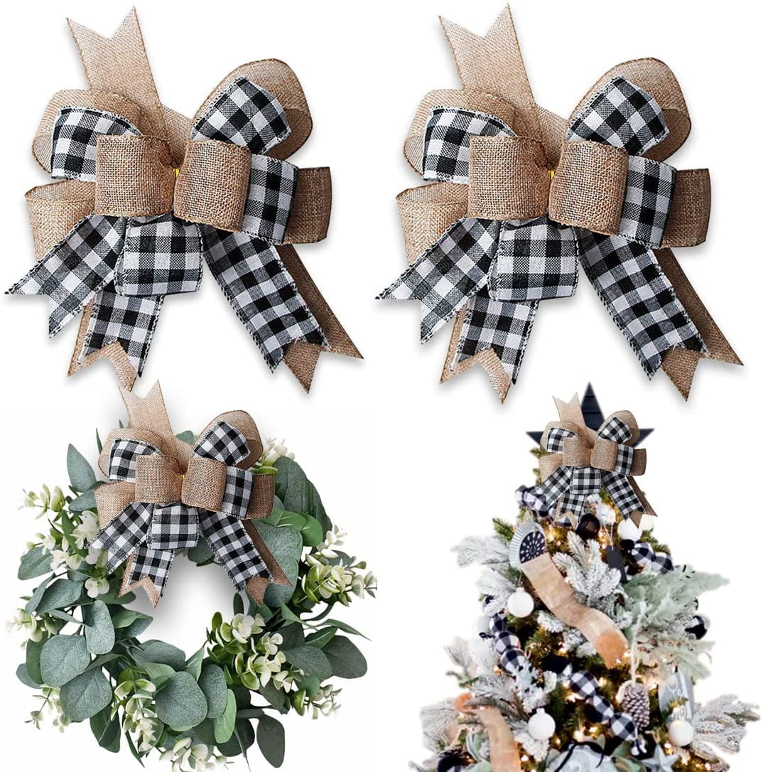 Buffalo Plaid Burlap Bows for Wreath 2 Pack,12"x9.4"Large Rustic ...