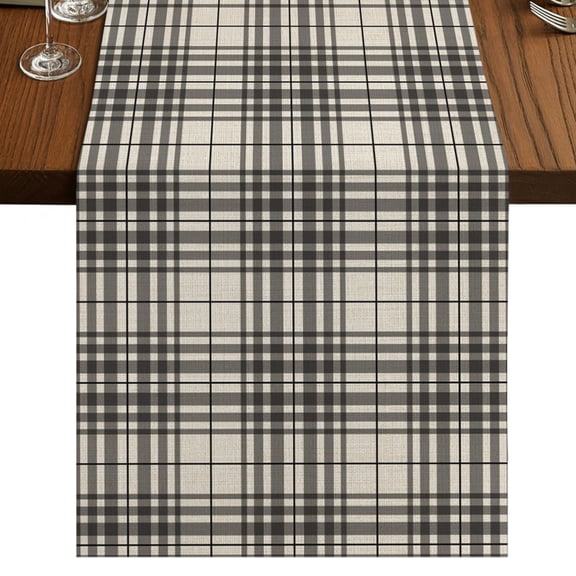 Buffalo Plaid Burlap Cotton Table Runner 13x36 Inches Short, Jet Black Gray Farmhouse Gingham Striped Farmhouse Table Runners, Outdoor Dining Tablecloths Decor for Baby Shower/Party/Wedding