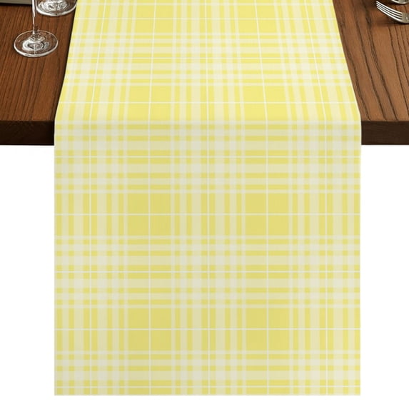 Buffalo Plaid Burlap Cotton Table Runner 13x48 Inches Long, Yellow White Farmhouse Gingham Striped Farmhouse Table Runners, Outdoor Dining Tablecloths Decor for Baby Shower/Party/Wedding
