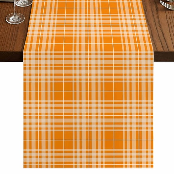 Buffalo Plaid Burlap Cotton Table Runner 14x72 Inches Long, Orange White Farmhouse Gingham Striped Farmhouse Table Runners, Outdoor Dining Tablecloths Decor for Baby Shower/Party/Wedding