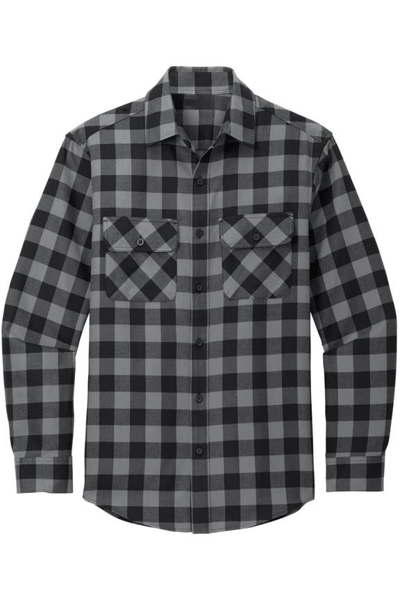 Buffalo Plaid Button-Up Flannel Shirt | Ultra Soft Lighweight Collared Shirt with Chest Pockets & Flaps (Grey/Black, Medium)
