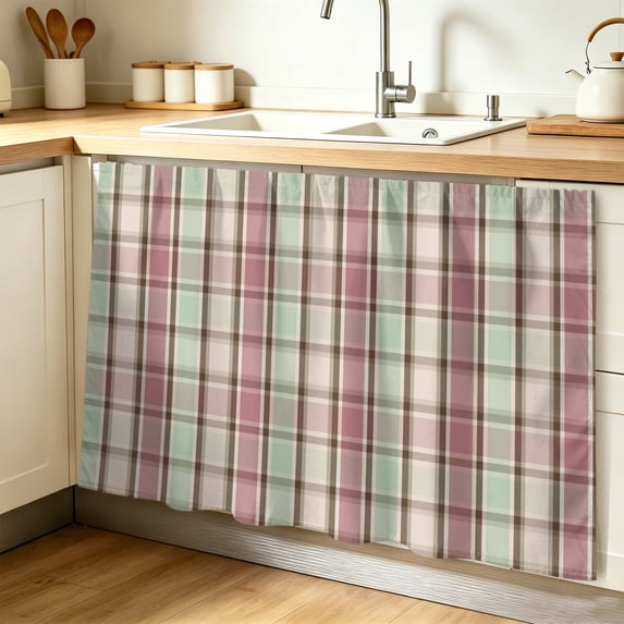Buffalo Plaid Cabinet Curtain 32"Wx55"L,Dustproof Pantry Door Curtain W/ Self Adhesive Tape,Farmhouse Red Green Beige Check Gingham Tall Storage Cover Privacy Drape for Bathroom Kitchen Laundry Room