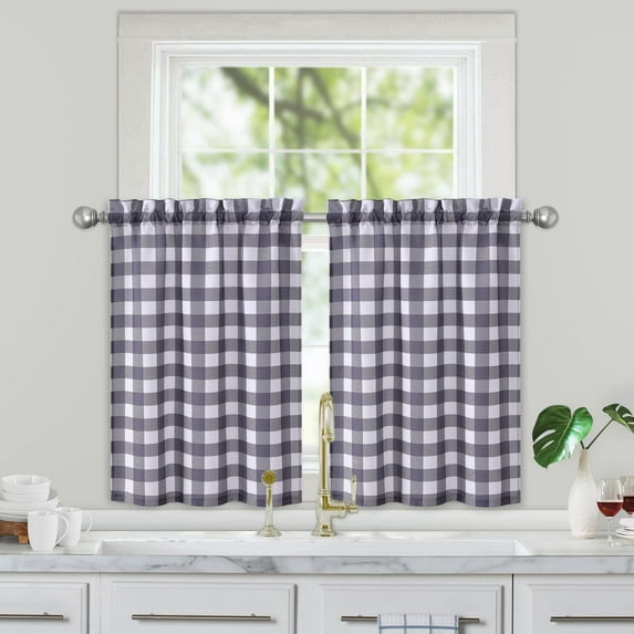 Buffalo Plaid Cafe Curtains Gingham Water Resistant Bathroom Window Curtain, Country Farmhouse Check Rod Pocket Half Window Kitchen Cafe Curtains, 28" W x 30" L, Grey/White, Set of 2
