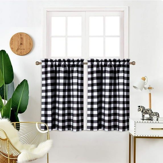 Buffalo Plaid Cafe Curtains Gingham Water Resistant Bathroom Window Curtain, Country Farmhouse Check Rod Pocket Half Window Kitchen Cafe Curtains, 28" W x 30" L, White and Black, Set of 2