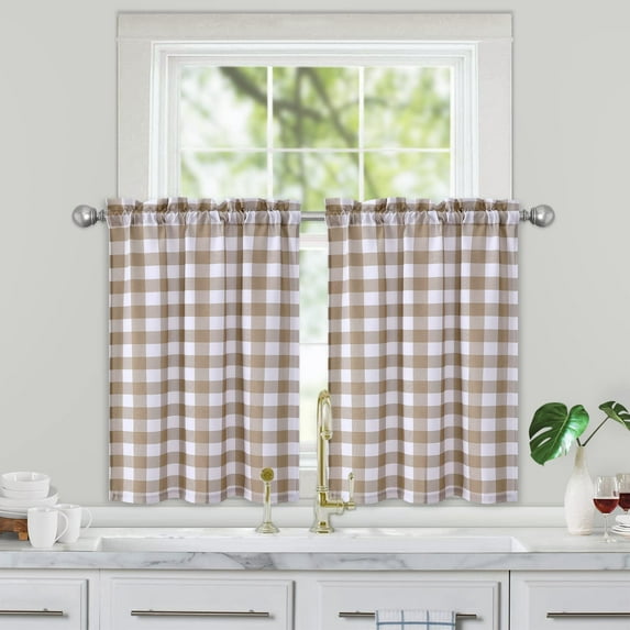 Buffalo Plaid Cafe Curtains Gingham Water Resistant Bathroom Window Curtain, Country Farmhouse Check Rod Pocket Half Window Kitchen Cafe Curtains, 28" W x 36" L,Taupe/White , Set of 2