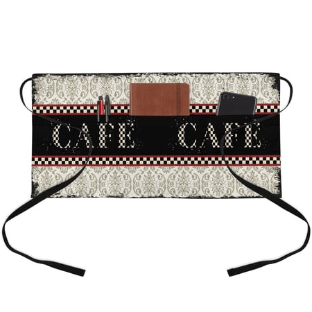 Buffalo Plaid Cafe Waitress Apron with 3 Pockets, Vintage Floral Black Server Aprons Waterproof Kitchen Restaurant Half Waist Apron for Men Women