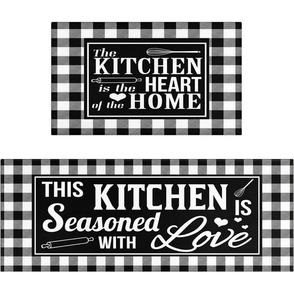 Buffalo Plaid Check Kitchen Rug Black and White Farmhouse Kitchen Rugs Sets of 2 Washable Non-Slip Kitchen Mats for Floor 2 Piece Buffalo Plaid Kitchen Decor