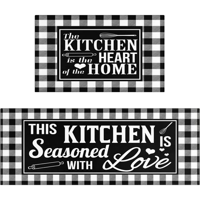 Buffalo Plaid Check Kitchen Rug Mat Set of 2 Black and White Farmhouse