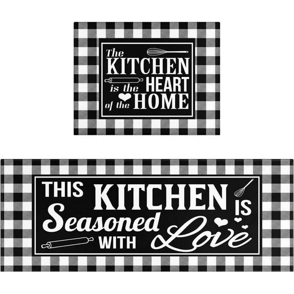Buffalo Plaid Check Kitchen Rug Mat Set of 2 Kitchen Decor Floor Mats Non Slip Black and White Farmhouse Washable Kitchen Rugs