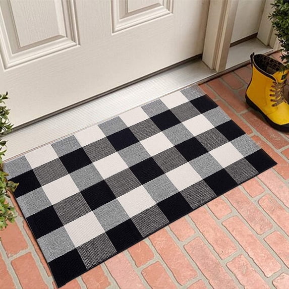 Buffalo Plaid Check Rug Door Mat Bath Runner Black White Check 23.5 X 25.4