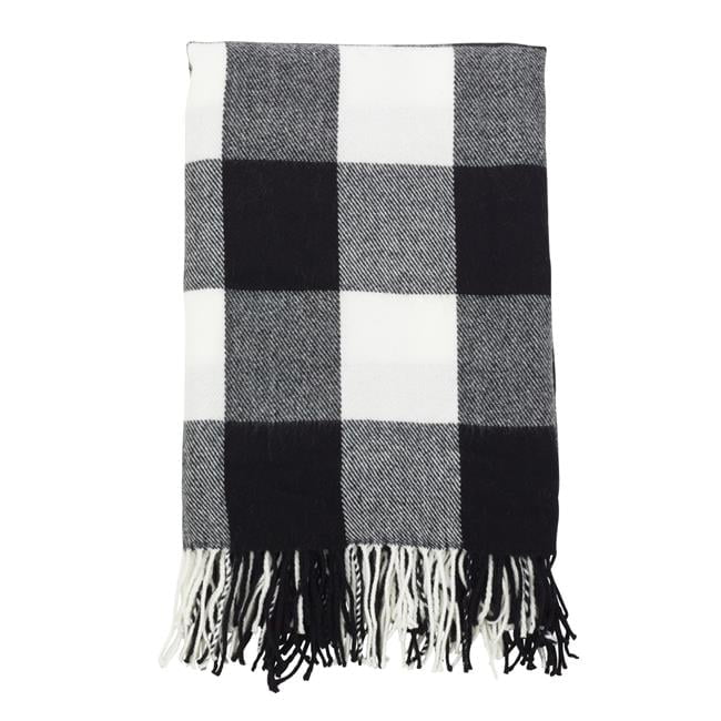 Buffalo Plaid Tassel-Trimmed Cotton Throw Blanket - Black and White