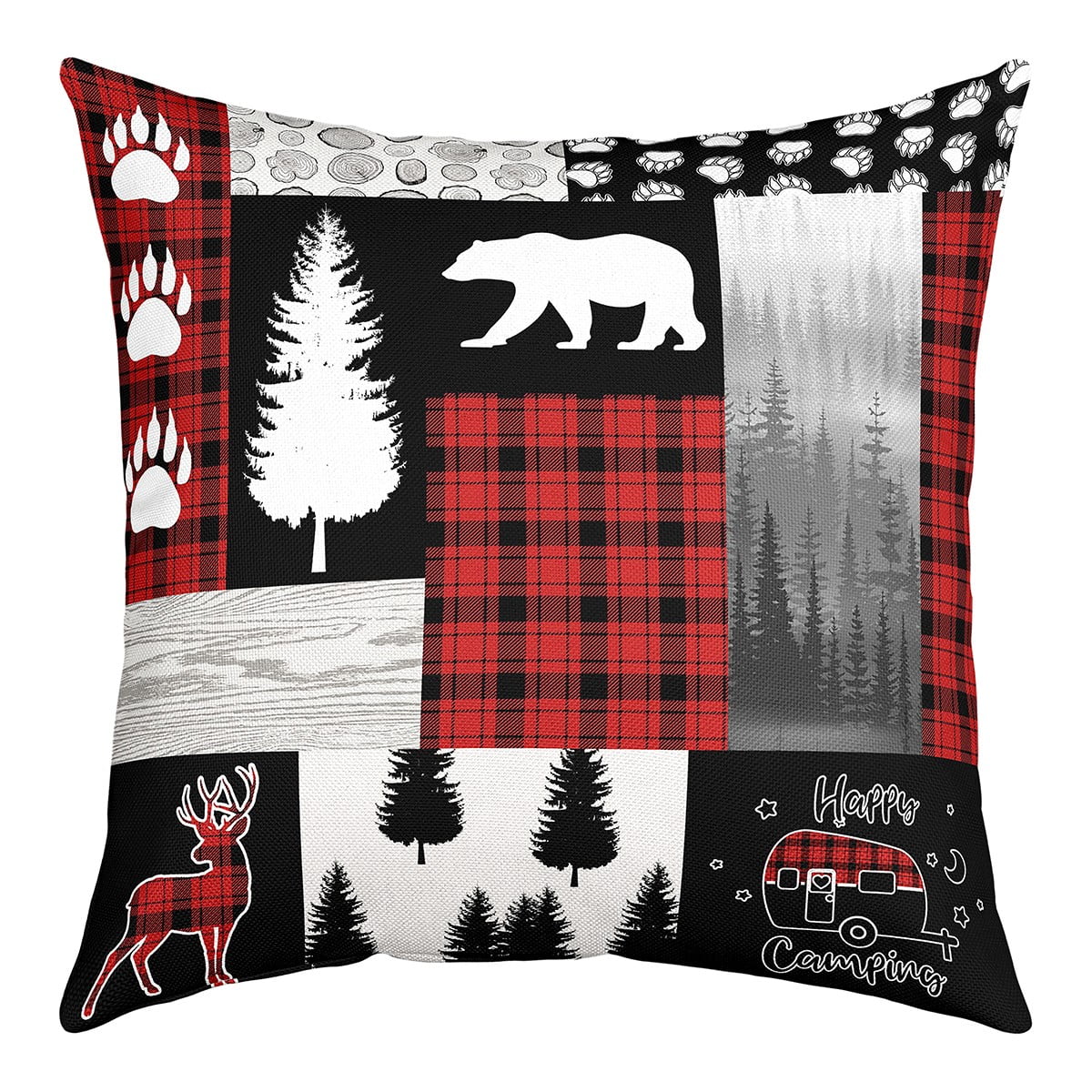 Buffalo Plaid Check Throw Pillow Cover 24x24 Inch,Bear Elk Deer Wild