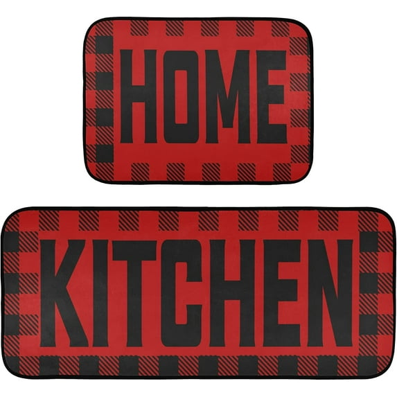 Buffalo Plaid Checked Black Red Kitchen Mat Set of 2 Anti-Fatigue Kitchen Rug Set Washable Non Slip Cushioned Foam Kitchen Runner Rugs and Mats Comfort Standing Mat for Floor Laundry Home Decor
