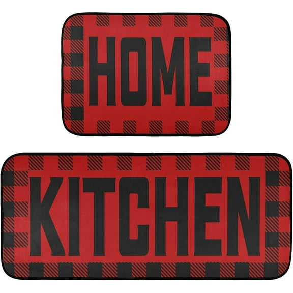 Buffalo Plaid Checked Black Red Kitchen Mat Set of 2 Anti-Fatigue Kitchen Rug Set Washable Non Slip Cushioned Foam Kitchen Runner Rugs and Mats Comfort Standing Mat for Floor Laundry Home Decor
