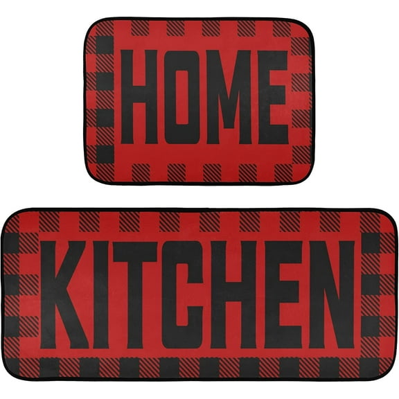 Buffalo Plaid Checked Black Red Kitchen Mat Set of 2 Anti-Fatigue Kitchen Rug Set Washable Non Slip Cushioned Foam Kitchen Runner Rugs and Mats Comfort Standing Mat for Floor Laundry Home Decor