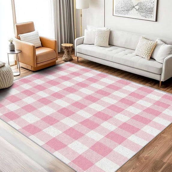 Buffalo Plaid Checkered Area Rugs, Pink Gingham Carpet, Washable Non ...