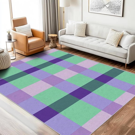 Buffalo Plaid Checkered Area Rugs, Purple Green Gingham Carpet, Washable Non Slip Low Pile Soft Rug for Entryway Bedroom Kitchen Decor Mat 2ftx3ft