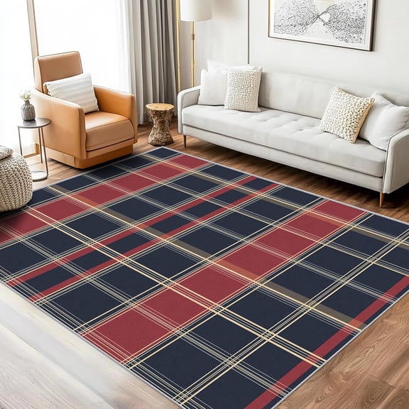 Buffalo Plaid Checkered Area Rugs, Red Blue Gingham Carpet, Washable Non Slip Low Pile Soft Rug for Entryway Bedroom Kitchen Decor Mat 2ftx3ft